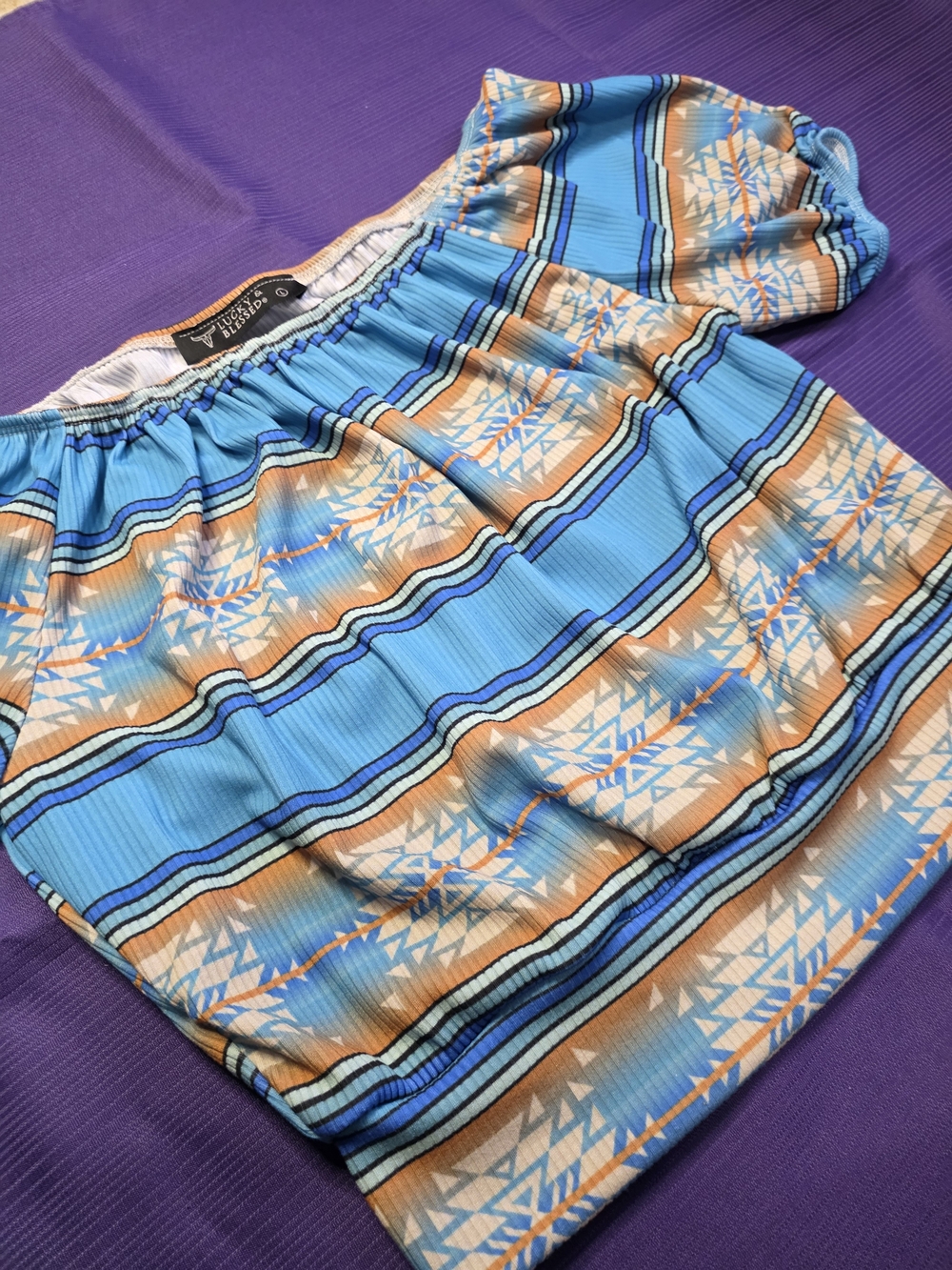 Lucky & Blessed Aztec Patterned Off-Shoulder Crop Top - Picture 3 of 7